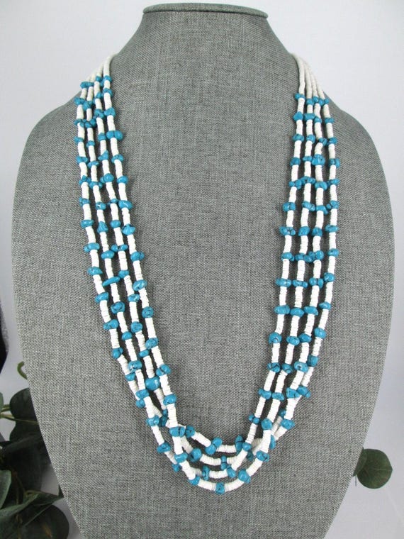 Native Turquoise heishi Necklace>Vintage White Heishi & Genuine Turquoise necklace,Traditional Native Long Necklace,Tribal necklace