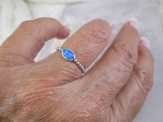 Opal Sterling Ring>Opal ring,Beaded Silver Ring,Dainty 925 Sterling Silver ring,Bali Opal ring,Boho Chic,Dainty OPAL ring,Blue Opal ring