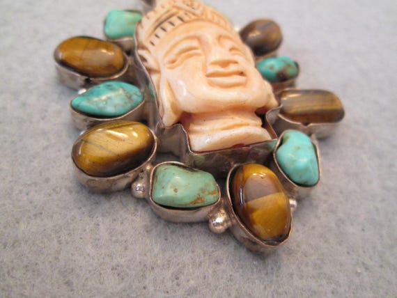 Carved BUDDHA Pendant with Genuine Turquoise & Ti… - image 9