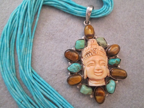 Carved BUDDHA Pendant with Genuine Turquoise & Ti… - image 1