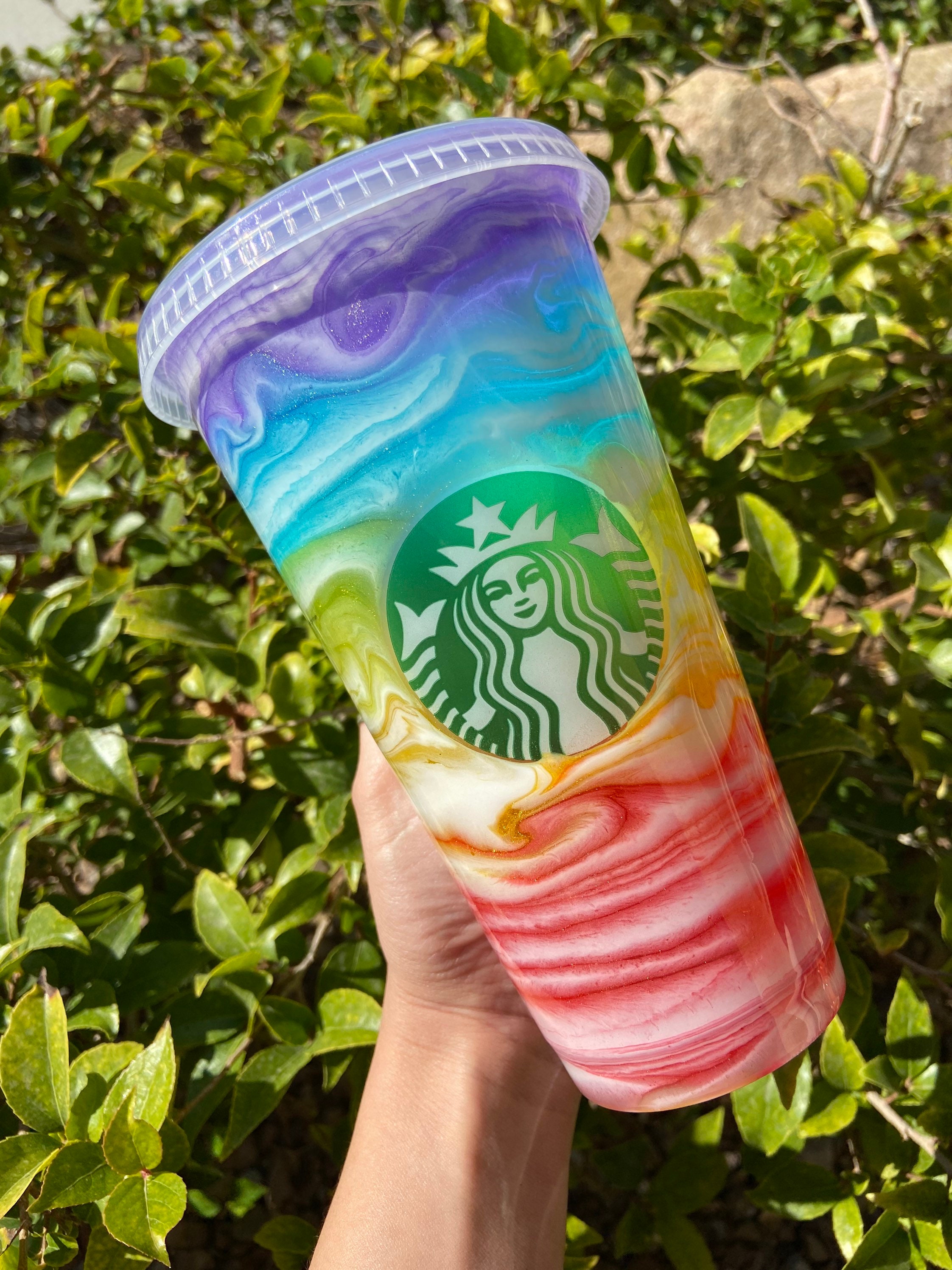 Rainbow Starbucks Cup / Epoxy / Lid and Straw / Rainbow Swirl Etsy