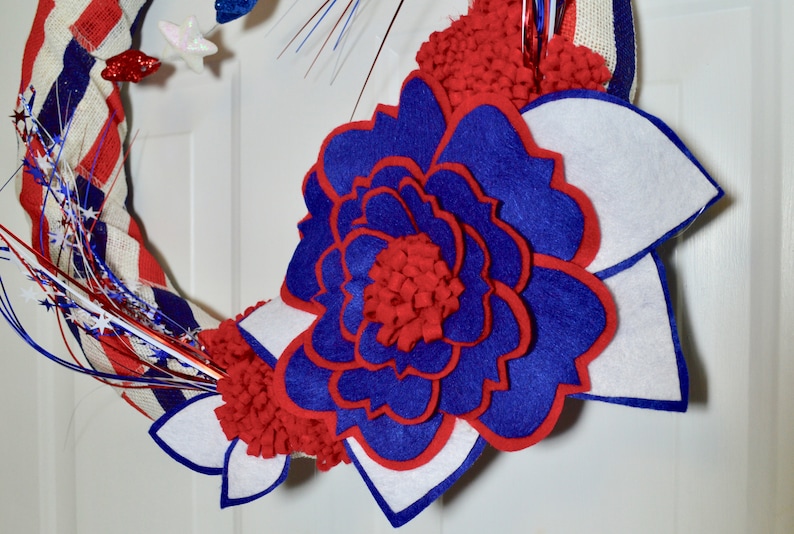 Burlap Fourth Of July Wreath 4th Of July Decor Felt Flower Stars and Stripes Door Hanger Retro Wall Decor Red White and Blue