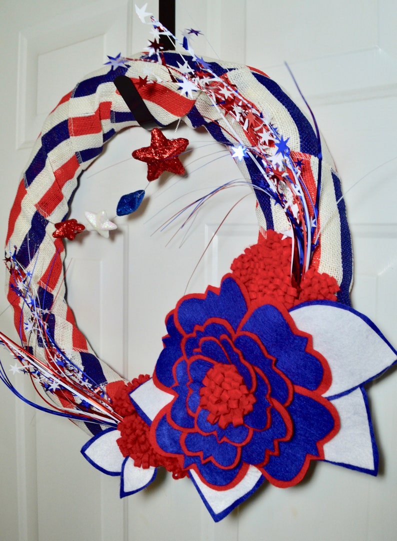Burlap Fourth Of July Wreath 4th Of July Decor Felt Flower Stars and Stripes Door Hanger Retro Wall Decor Red White and Blue