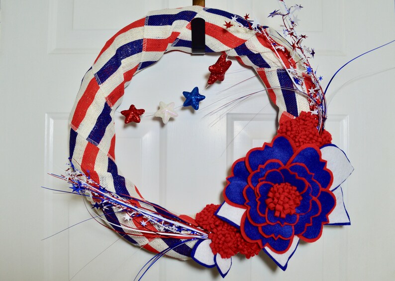 Burlap Fourth Of July Wreath 4th Of July Decor Felt Flower Stars and Stripes Door Hanger Retro Wall Decor Red White and Blue