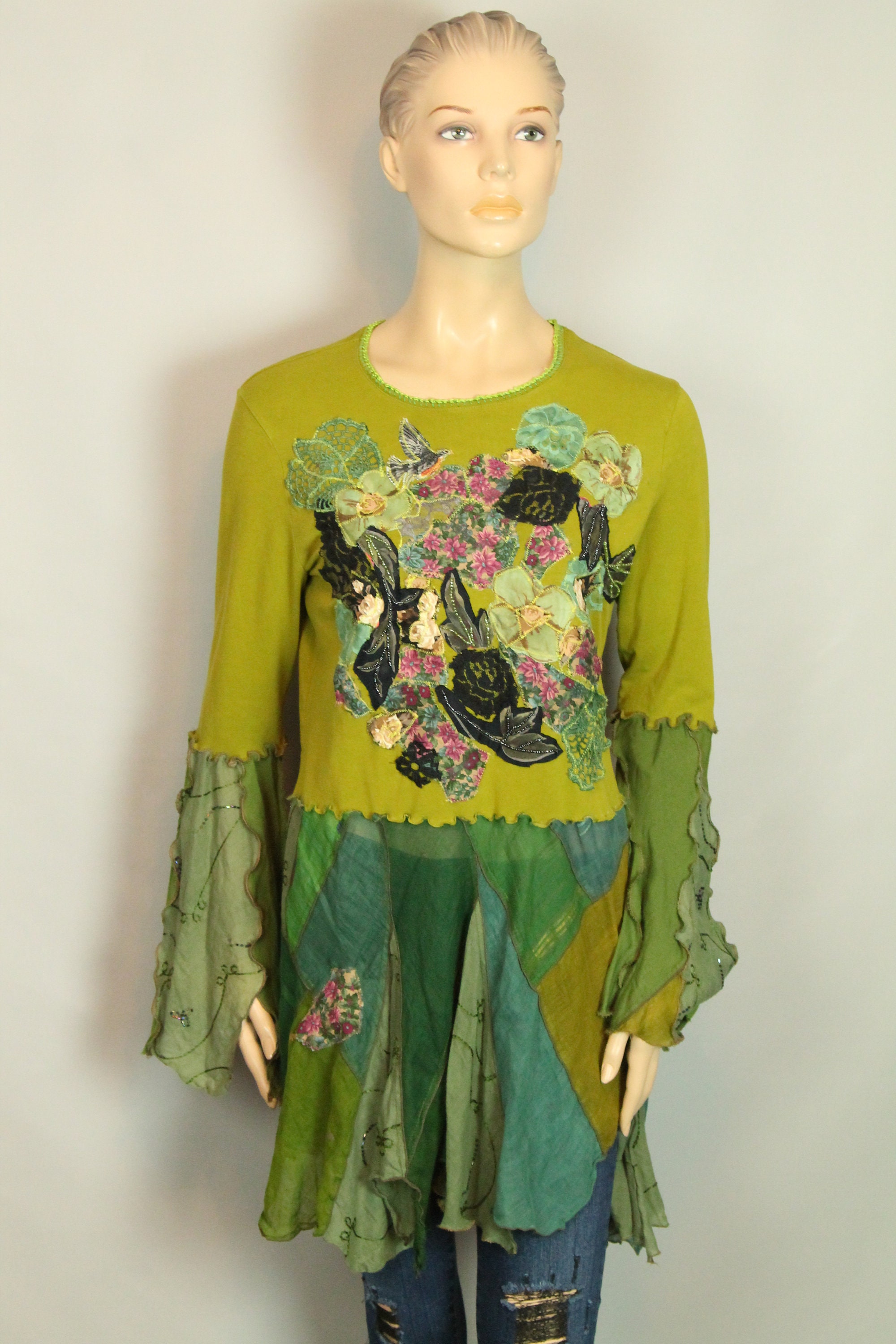 Vintage Art  Patchwork Lace Cotton And Linen Shirt