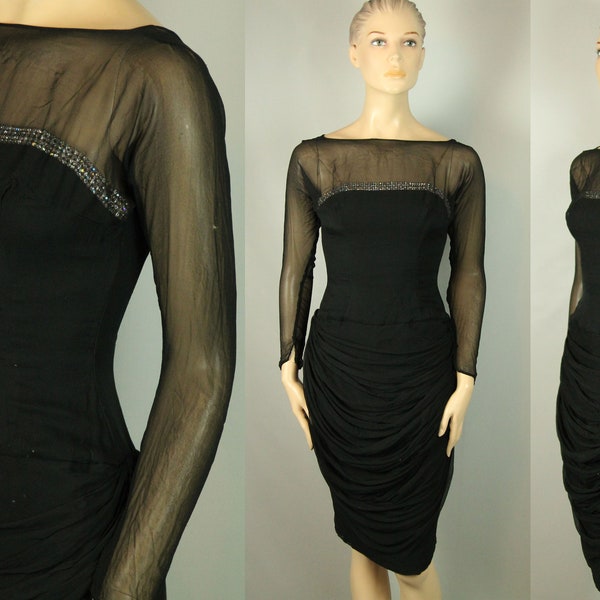 Vintage 50s Black Jeweled Embellished Rhinestone Ruched Drapped Chiffon Rockabilly Cocktail Party Sheath Dress S