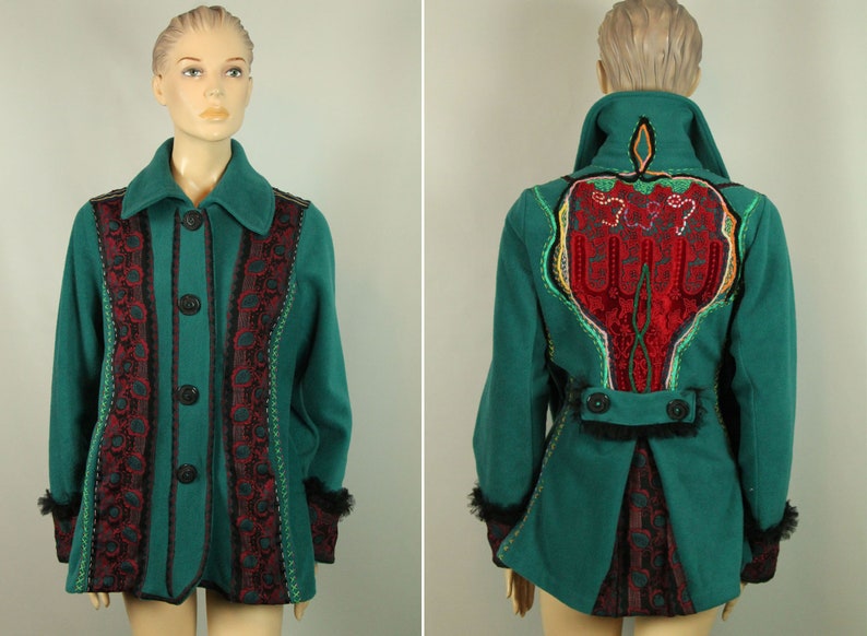 UpCycled Hand Made Green Fleece Ethnic Art To Wear Vintage Lace Applique Embroidered Jacket Blazer L