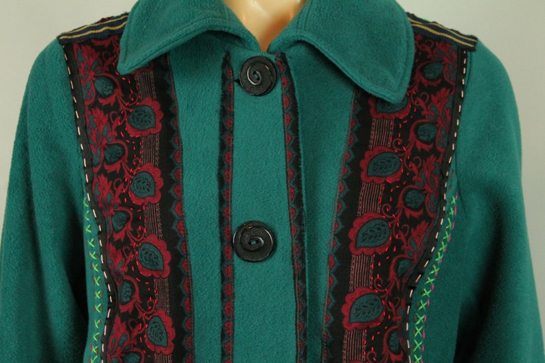 UpCycled Hand Made Green Fleece Ethnic Art To Wear Vintage Lace Applique Embroidered Jacket Blazer L