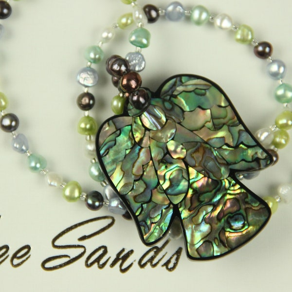 LEE SANDS Multi Color Pearl Bead Necklace With Guardian Angel Abalone Shell Inlay Pendant