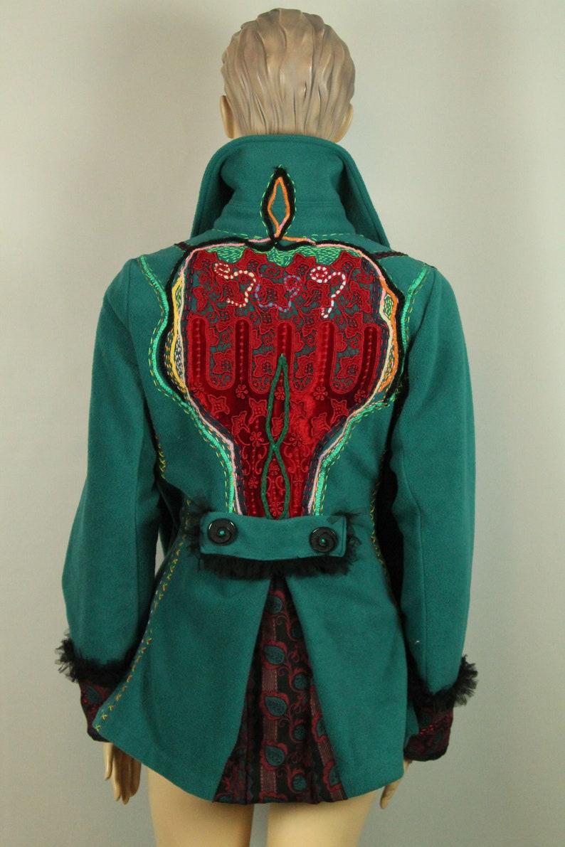 UpCycled Hand Made Green Fleece Ethnic Art To Wear Vintage Lace Applique Embroidered Jacket Blazer L