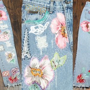 UpCycled Hippy Boho Art to Wear Vintage Lace Hand Embellished Embroidered Distressed Cotton Bootcut Denim Jeans Pants Size 6
