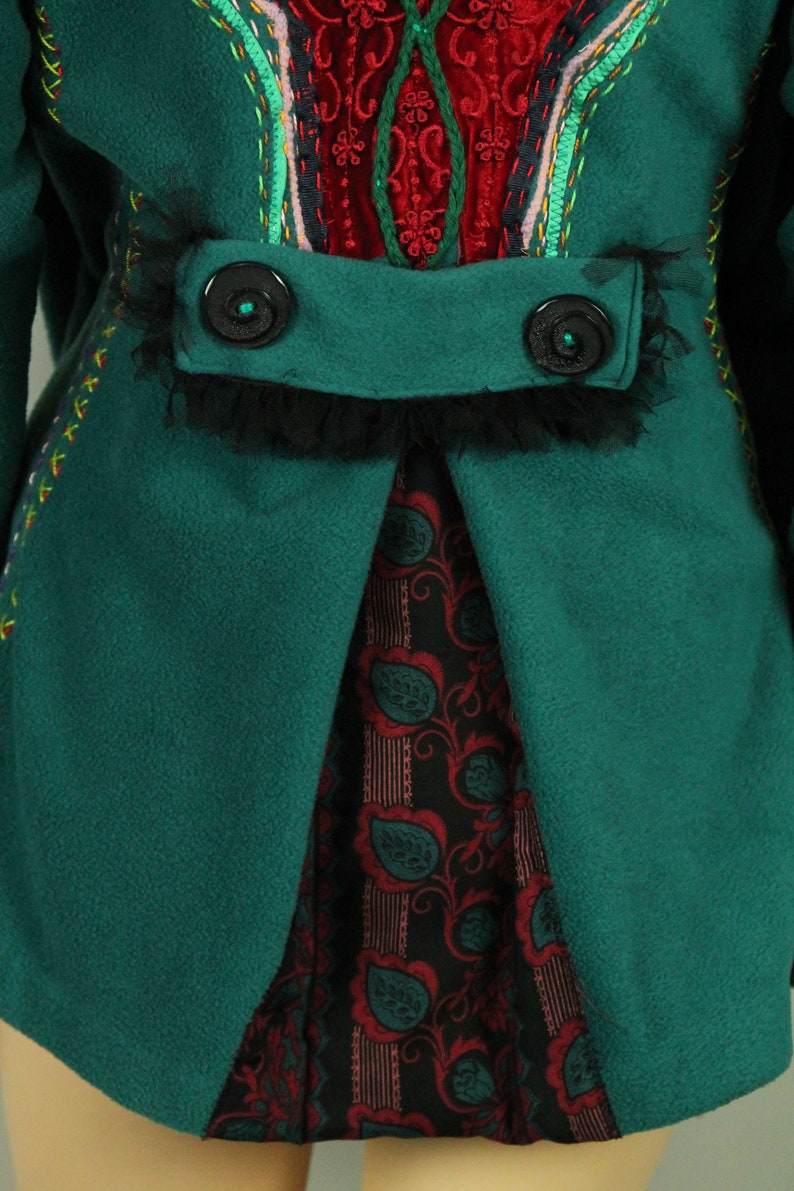 UpCycled Hand Made Green Fleece Ethnic Art To Wear Vintage Lace Applique Embroidered Jacket Blazer L