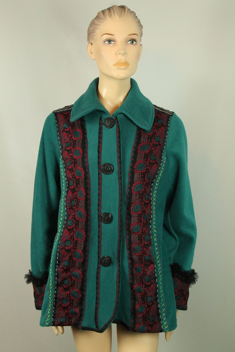 UpCycled Hand Made Green Fleece Ethnic Art To Wear Vintage Lace Applique Embroidered Jacket Blazer L