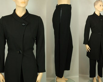 Vintage KRIZIA Italy Black Wool 2pc TUXEDO Set Duster Jacket Blazer Slacks Pants 48