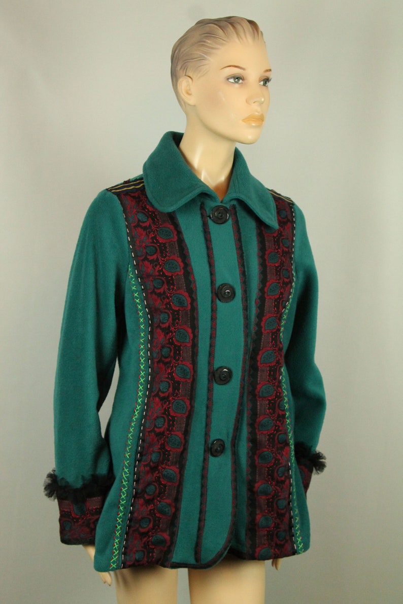 UpCycled Hand Made Green Fleece Ethnic Art To Wear Vintage Lace Applique Embroidered Jacket Blazer L