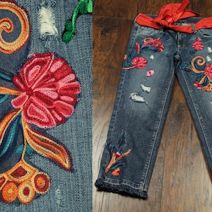 UpCycled Art to Wear Floral Distressed Rips Cotton Denim Boyfriend Jeans Pants 0