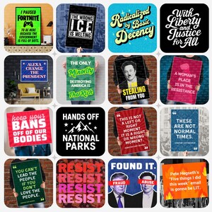 Peut inclure: Ensemble de pancartes de protestation avec divers messages. Les pancartes incluent "I paused Fortnite", "The wrong ice is melting", "Radicalized by Basic Decency", "With Liberty and Justice for All", "Alexa Change the President", "The Only Minority Destroying America is The Rich", "I am stealing from you", "A Woman's Place is in the Resistance", "Keep your bans off our bodies", "Hands off National Parks", "This is not a left or right moment", "These are not normal times", "You can't lead the people if you don't love the people", "Resist", et "Found it".