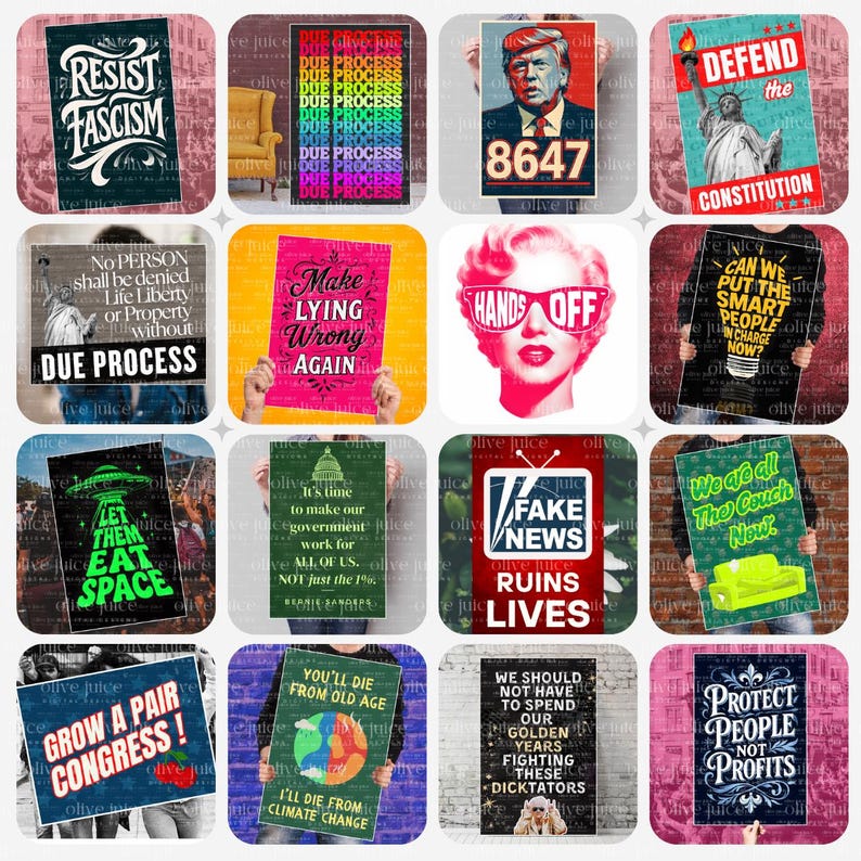 Peut inclure: Ensemble de posters avec des messages politiques et sociaux. Les affiches pr&eacute;sentent des textes et des graphiques audacieux, avec des phrases telles que "R&eacute;sister au fascisme", "Due Process" et "D&eacute;fendre la Constitution."