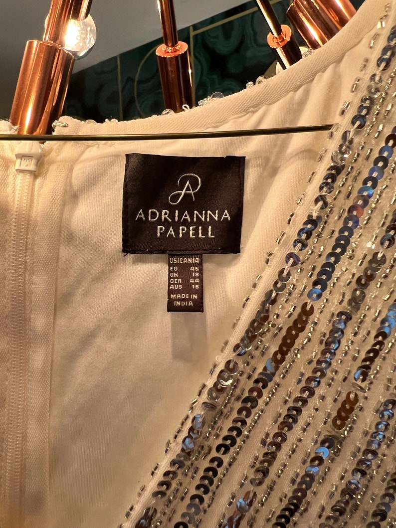 Op de afbeelding: Ivoor kleurige jurk met een kralen- en pailletten ontwerp. Het label luidt "ADRIANNA PAPELL" en bevat maat informatie. De jurk is gemaakt in India.
