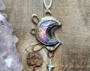 Handmade Lavender Aurora Opal Moon Pendant – Carved Sterling Silver Necklace with Labradorite Accent