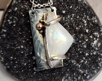 Moonstone Pendant Necklace | Handcrafted Mixed Metal Sterling Silver & Gold Artisan Jewelry | One-of-a-Kind Statement Necklace