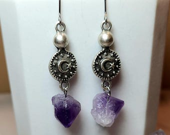 Celestial Moon and Crystal Amethyst Artisan Earrings, Handcrafted