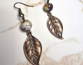 Handmade Jasper Leaf Earrings, Antique Copper Dangle