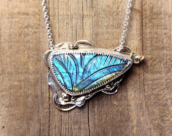 Handmade Carved Labradorite Pendant Necklace – Sterling Silver Brass Boho Statement Jewelry