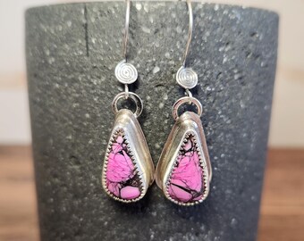 Pink Dahlia Teardrop Earrings – Handmade Sterling Silver Artisan Jewelry, Boho Statement Gift