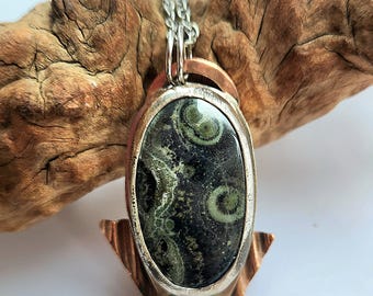 Handmade Kambaba Jasper Pendant Necklace – Mixed Metal Copper Artisan Boho Statement Jewelry