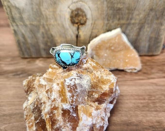 Handmade Turquoise Sterling Silver Ring – Adjustable Floral Band Boho Statement Jewelry
