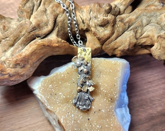 Handmade Two-Toned Brutalist Pendant Necklace – Brass, Silver, Stainless Steel Chain