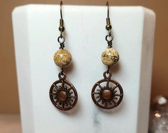 Celestial Sun and Picture Jasper Artisan Earrings, Handcrafted