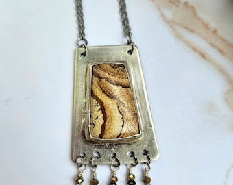 Handmade Picture Jasper Pendant Necklace – Mixed Metal Boho Statement Jewelry, Sterling Silver, Nickel