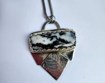 Handmade Zebra Jasper Pendant Necklace – Mixed Metal Artisan Boho Statement Jewelry (20'' Chain)