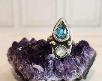 Handmade Abalone Shell Moonstone Ring – Sterling Silver Adjustable Floral Band Boho Jewelry