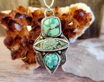 Handmade Tibetan Turquoise Pendant Necklace – Sterling Silver Artisan Boho Statement Jewelry