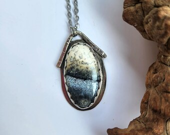 Handmade Dendritic Agate Necklace – Black White Stone Pendant, Mixed Metal Boho Statement Jewelry