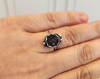 Handmade Artisan Druzy Adjustable Sterling Silver Ring, Hammered Band