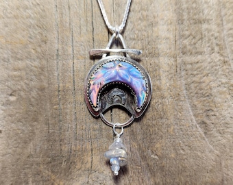 Hand Made Artisan Lavender Aurora Opal Carved Moon Sterling Silver Necklace with Labradorite Accents