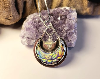 Hand Made Artisan Lavender Aurora Opal Carved Moon Pendant Necklace, Labradorite Accents, Sterling Silver