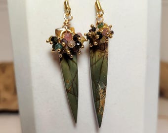 Handmade Picasso Jasper Dagger Earrings with Tourmaline Accent – Lightweight Boho Gemstone Earrings, Unique Artisan Jewelry
