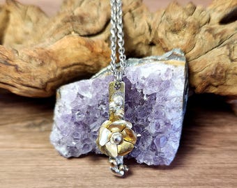 Handmade Two-Toned Flower Pendant Necklace – Brass, Sterling Silver, Boho Statement Jewelry