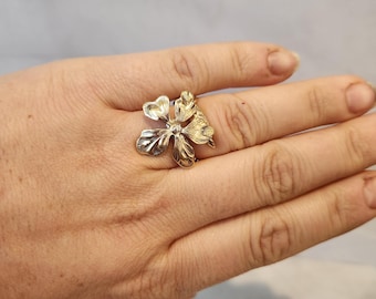 Handmade Adjustable Sterling Silver Floral Ring – Brass Accents, Boho Statement Band