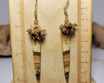 Handmade Picture Jasper Dagger Earrings with Tourmaline Accent – Lightweight Boho Gemstone Earrings, Unique Artisan Jewelry