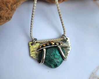 Handmade Azurite Malachite Necklace – Sterling Silver Mixed Metal Pendant, Artisan Boho Jewelry