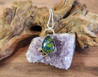 Handmade Opal Quartz Doublet Necklace – Sterling Silver Pendant, Boho Statement Jewelry, Brass Accents