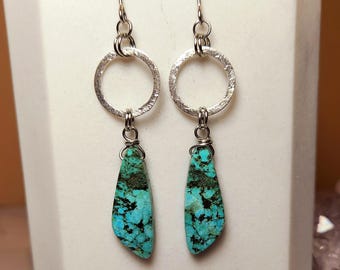 Sterling Silver Artisan African Turquoise Earrings, Wire Wrapped, Handcrafted