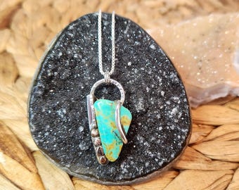 Handmade Turquoise Pendant Necklace – Mixed Metal Sterling Silver, Brass Accents, Boho Statement Jewelry