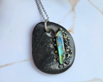 Handmade Carved Michigan Lake Stone Necklace with Labradorite – Boho Statement Jewelry, Stainless Steel Wrap